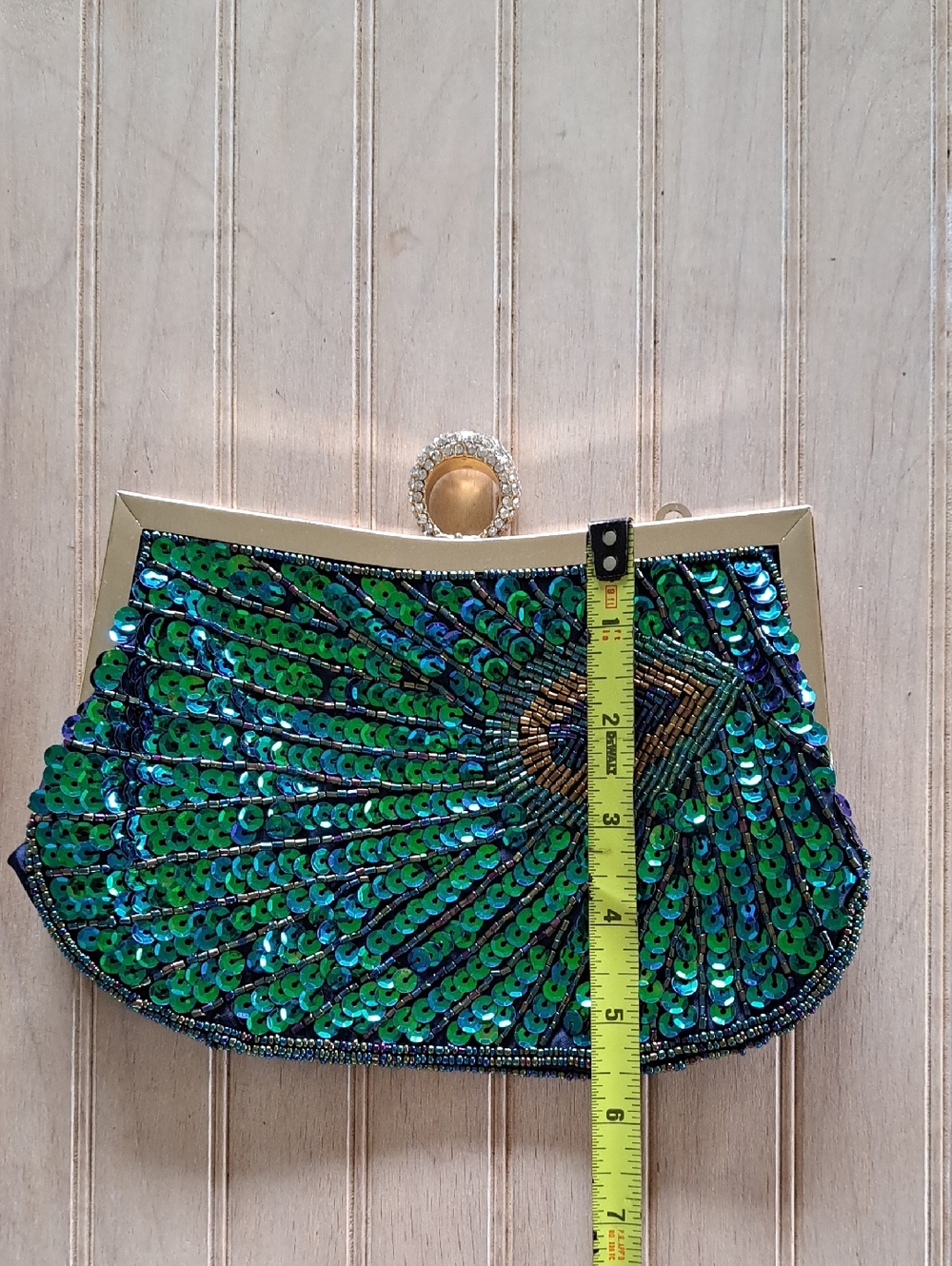 Peacock Sequin Clutch Evening Bag Rhinestone Ring Handle Glam Statement - Picture 8 of 11